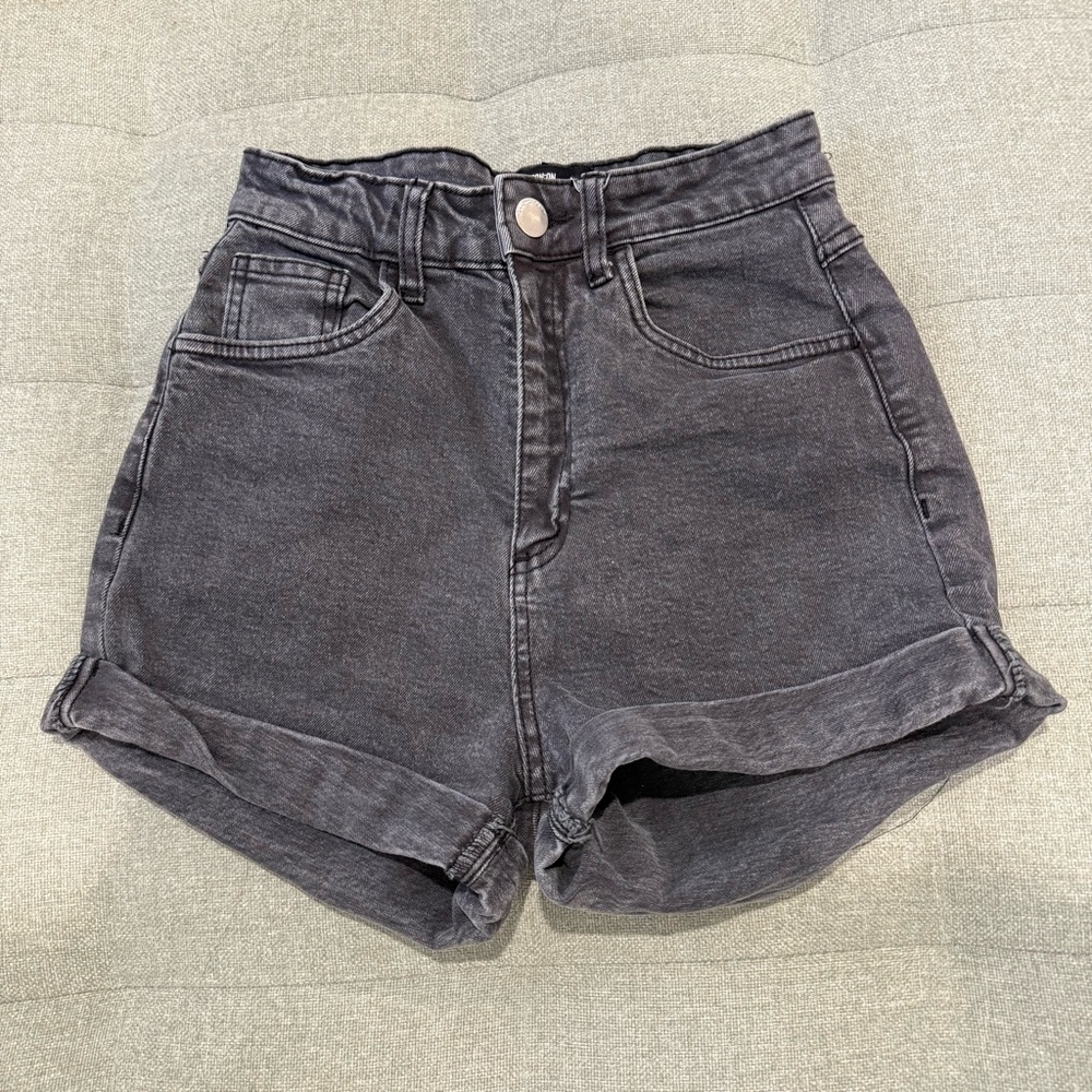 Cotton On Black Washed High Rise, Rolled Hem Denim Shorts